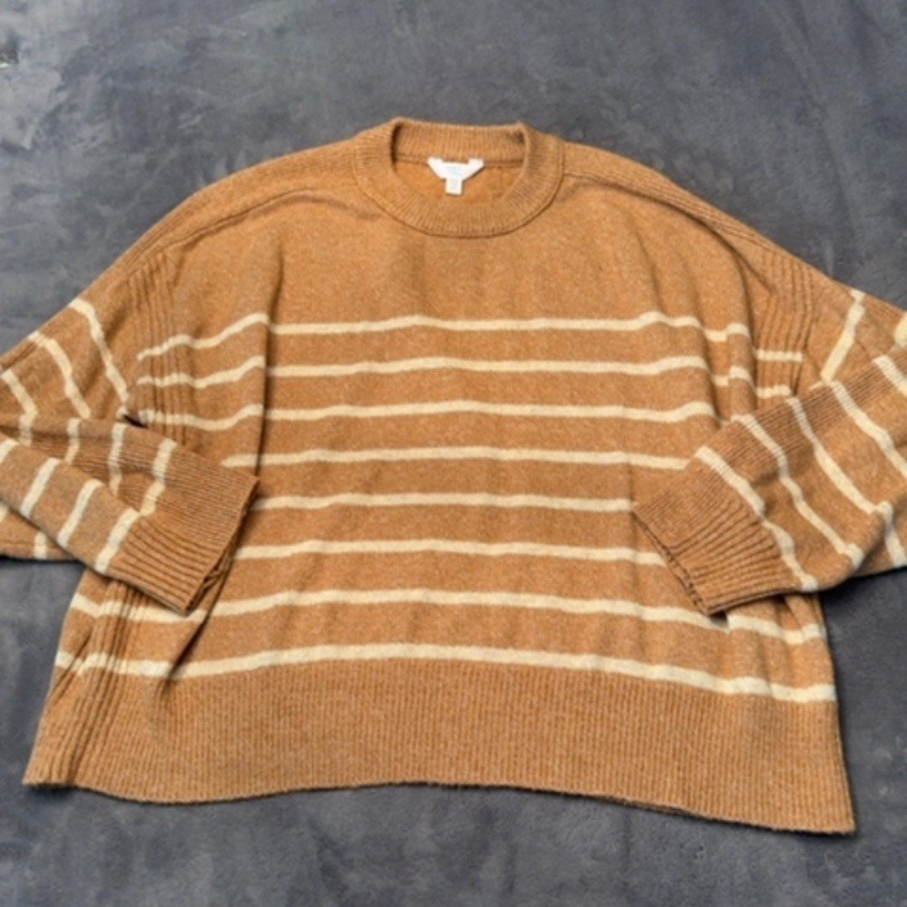 Time and Tru Sweater Women XXXL Mustard Striped Crewneck Cozy Knit Pullover